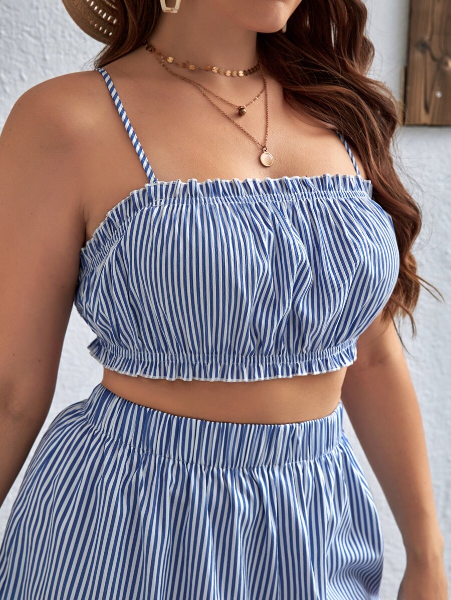 Dreamara Áo hai dây Plus Size viền lá sen Sọc Giải trí - Xanh và trắng - Xem 1