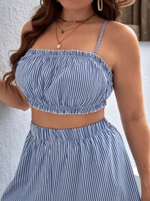 Dreamara Áo hai dây Plus Size viền lá sen Sọc Giải trí - Xanh và trắng - Xem 5