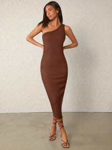 SHEIN BASICS Một bờ vai Chất rắn Váy bodycon - Cà phê nâu - Xem 1