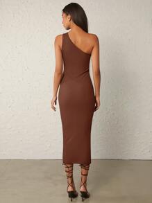 SHEIN BASICS Một bờ vai Chất rắn Váy bodycon - Cà phê nâu - Xem 2