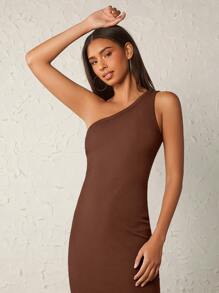 SHEIN BASICS Một bờ vai Chất rắn Váy bodycon - Cà phê nâu - Xem 3