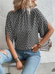SHEIN LUNE Áo sơ mi nữ Buộc lại Chia Tất cả trên in Hình học Giải trí - màu đen - Xem 1
