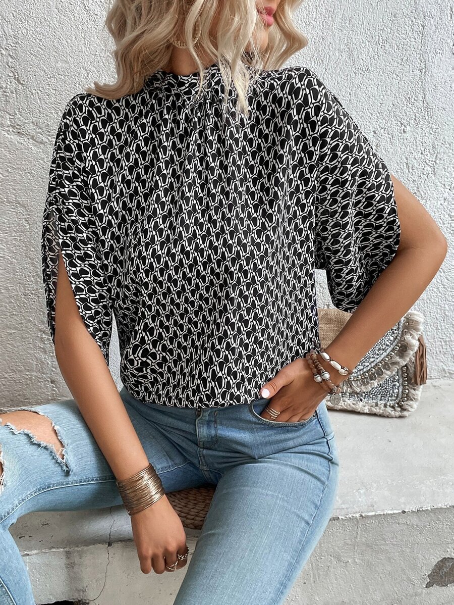 SHEIN LUNE Áo sơ mi nữ Buộc lại Chia Tất cả trên in Hình học Giải trí - màu đen - Xem 1