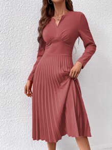 Chiquease Notched Neck Pleated Hem Dress - Redwood - View 4