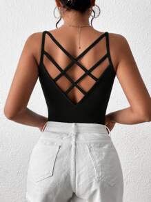 Chiquease Solid Criss Cross Back Cami Top - Black - View 2