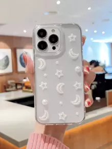 Ốp điện thoại trong suốt trang trí mặt trăng và ngôi sao giả ngọc trai - trắng - Xem 1