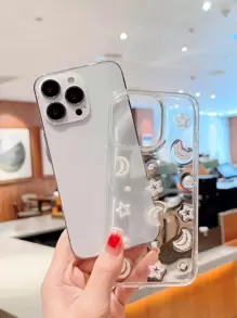 Ốp điện thoại trong suốt trang trí mặt trăng và ngôi sao giả ngọc trai - trắng - Xem 3