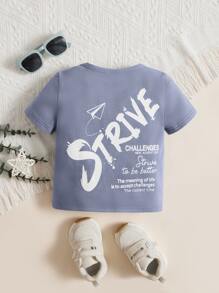 SHEIN 男嬰標語圖案T恤 - 霧霾藍 - 查看 1