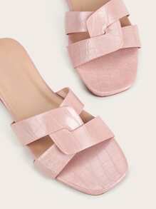 LAUREN WEAL Women Crocodile Embossed Cut Out Flat Sandals, Fashion Pink Slide Sandals,Beach Outfits,Summer Outfits - Pink - View 4