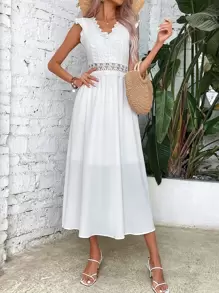 Breezaya Guipure Lace Panel Ruffle Trim Dress Maxi Vacation Beach Outfits Women - White - View 5