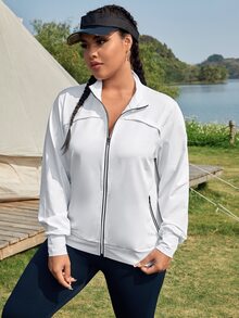 SHEIN Daily&Casual Plus Zip Up Slant Pocket Sports Jacket - White - View 5