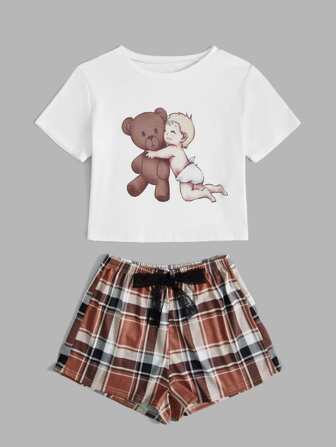 Cartoon Bear Graphic Plaid Pajama Set