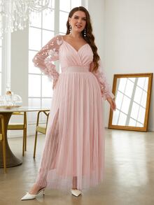 Simplee Plus Appliques Mesh Overlay Flounce Sleeve Dress - Baby Pink - View 3