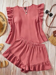 SHEIN LUNE Plus Ruffle Trim Top & Shorts - Pink - View 1