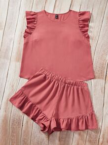 SHEIN LUNE Plus Ruffle Trim Top & Shorts - Pink - View 8