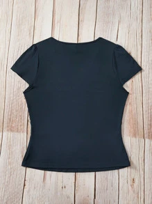 SHEIN Clasi Áo thun Plus size Gân đan Nút phía trước màu trơn Giải trí - Màu xanh hải quân - Xem 8