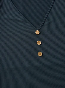 SHEIN Clasi Áo thun Plus size Gân đan Nút phía trước màu trơn Giải trí - Màu xanh hải quân - Xem 9