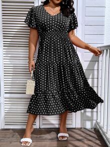 SHEIN LUNE Vestido con estampado de lunares de manga mariposa bajo con fruncido - Negro - Ver 5