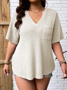 SHEIN LUNE Áo thun Plus size Túi màu trơn Giải trí - Màu be - Xem 4
