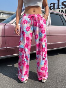 SHEIN ICON 印花側翻蓋口袋腰部抽繩工裝褲 - 彩色 - 查看 3