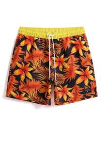 Manfinity Hombres Shorts de natación con estampado tropical de cintura con cordón - Multicolor - Ver 1