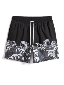 Manfinity Hombres Shorts de natación con estampado de onda de cintura con cordón - Blanco y Negro - Ver 1