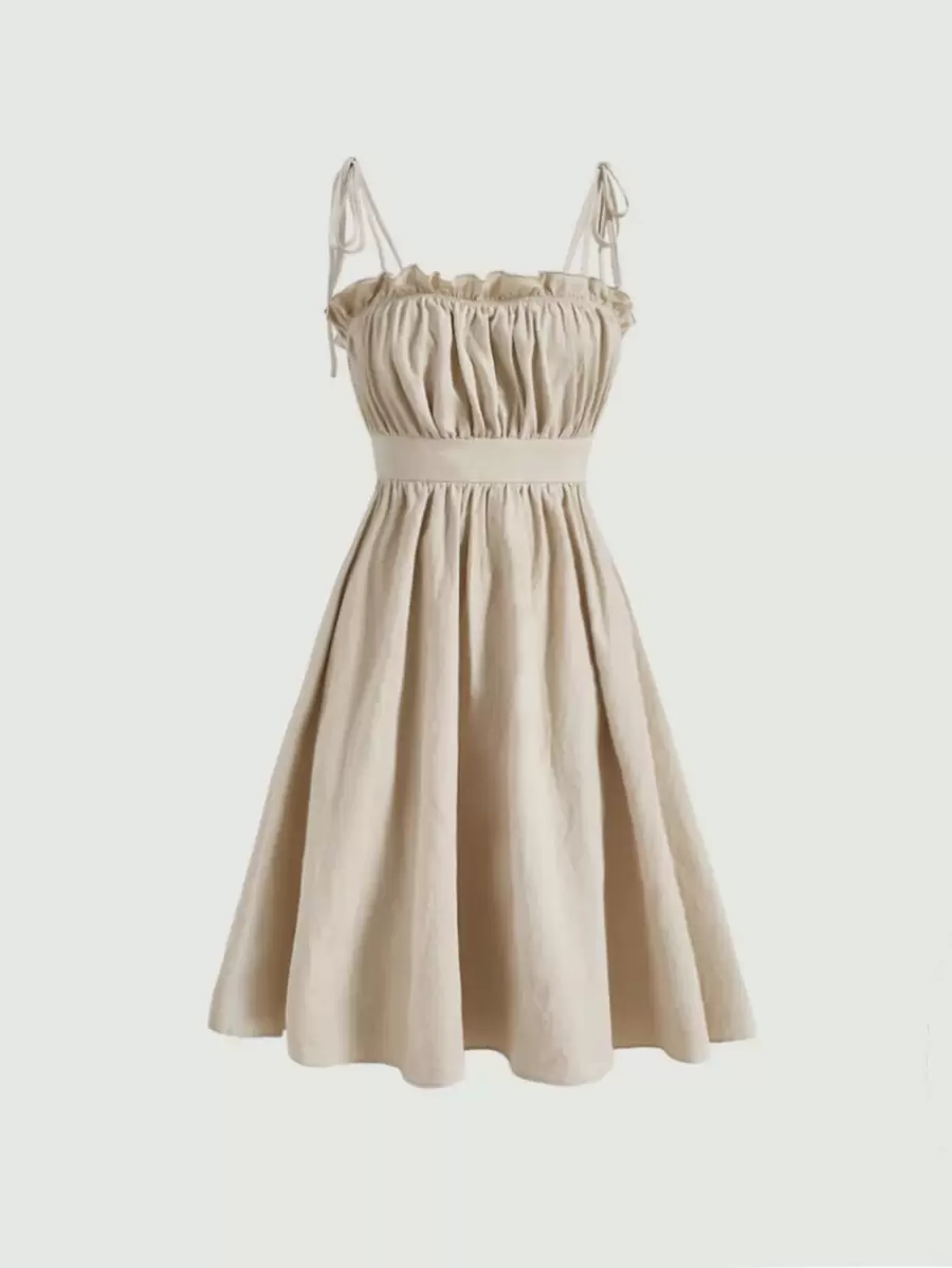 SHEIN MOD Solid Ruched Bust Cami Dress - Beige - View 1