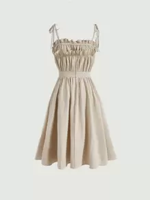 SHEIN MOD Solid Ruched Bust Cami Dress - Beige - View 2