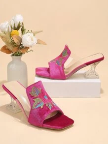 女士花卉刺繡高跟度假絲絨穆勒涼鞋