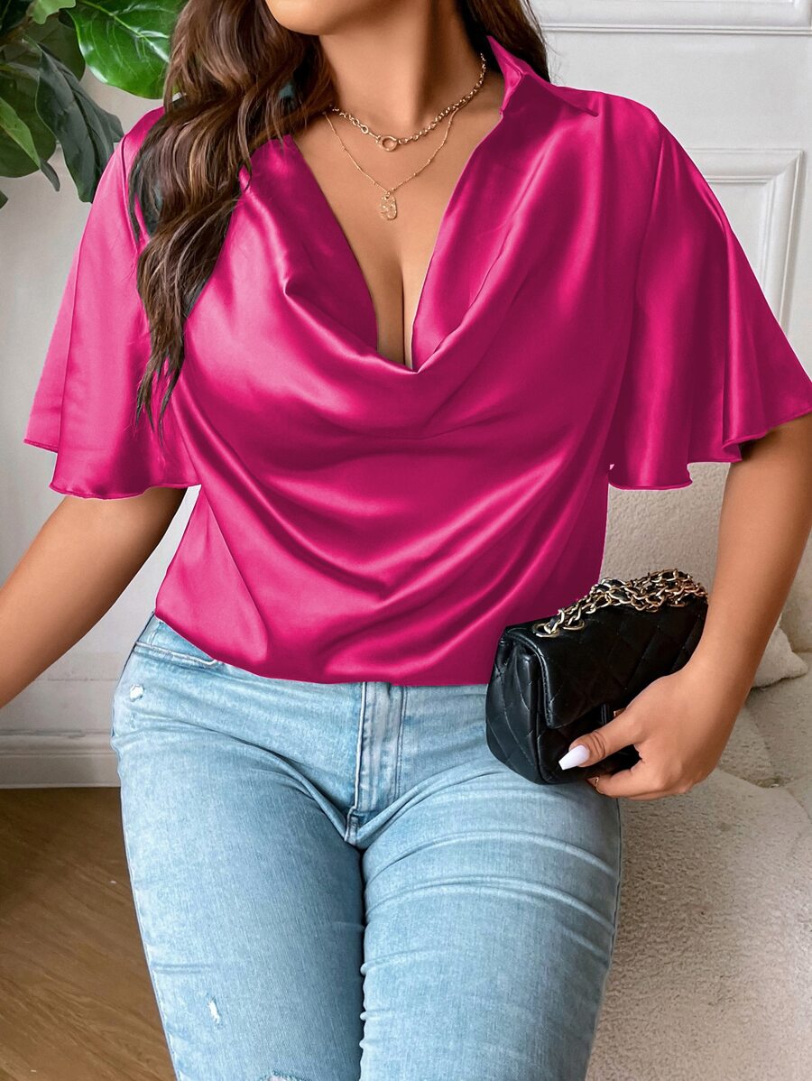 SHEIN LUNE Plus Draped Collar Butterfly Sleeve Satin Blouse - Hot Pink - View 1