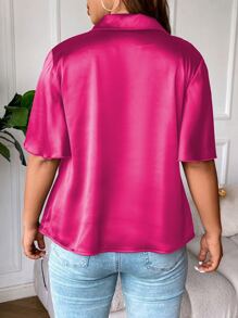 SHEIN LUNE Plus Draped Collar Butterfly Sleeve Satin Blouse - Hot Pink - View 2