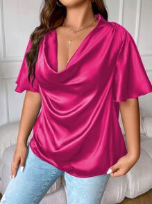 SHEIN LUNE Plus Draped Collar Butterfly Sleeve Satin Blouse - Hot Pink - View 5