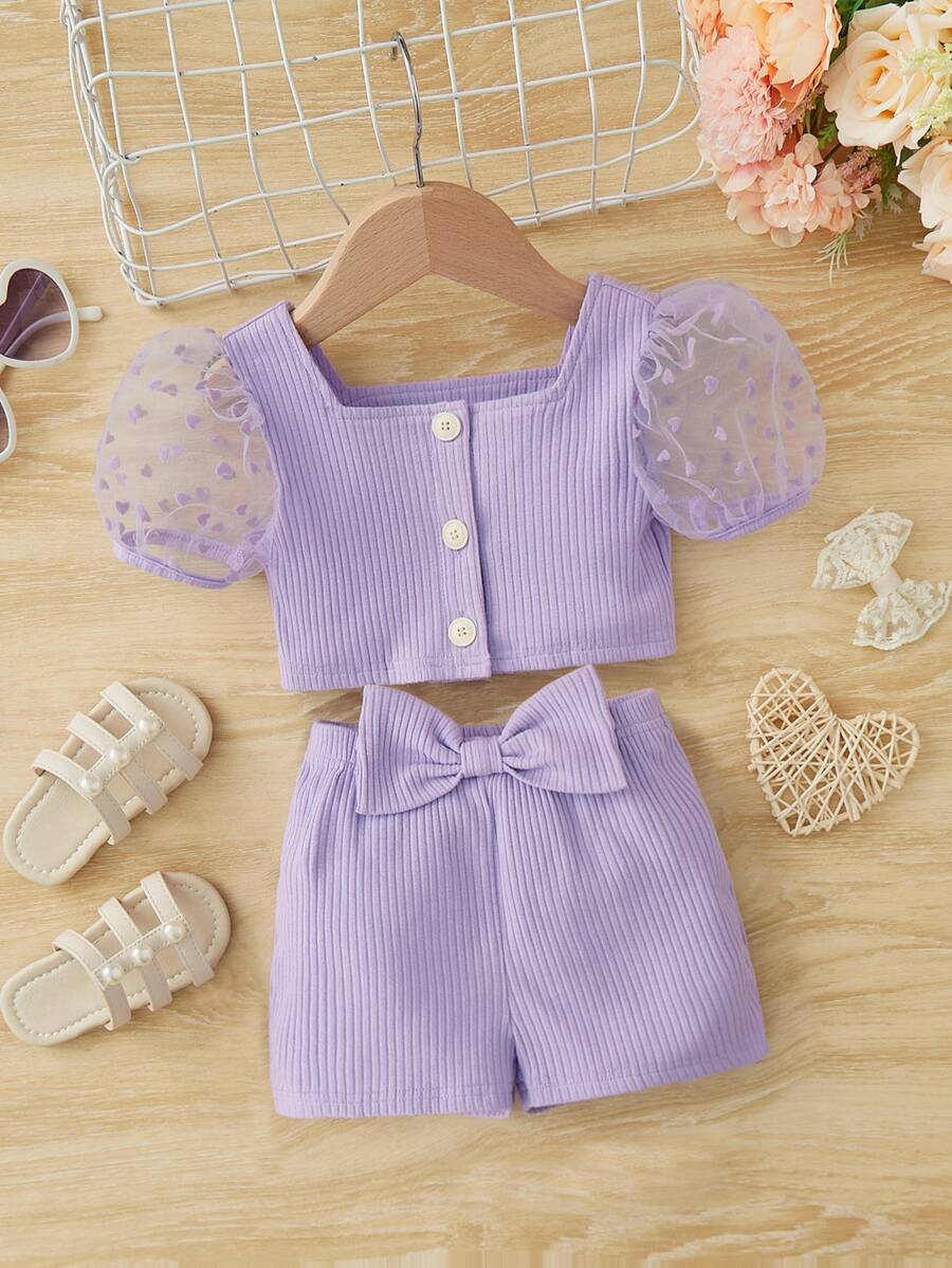 SHEIN Bebé de malla en contraste de manga farol con botón delantero Camiseta & con lazo delantero Shorts - Lila Púrpura - Ver 1