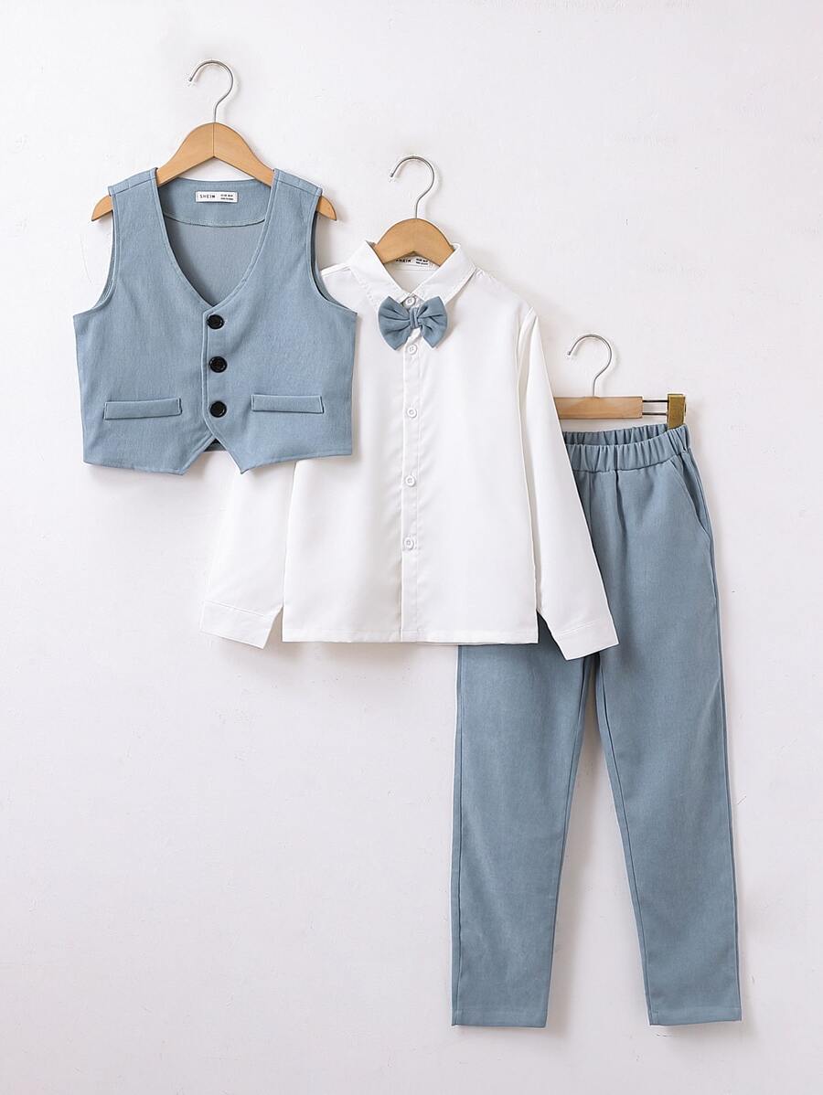 SHEIN 男孩前蝴蝶結襯衫和馬甲和褲子