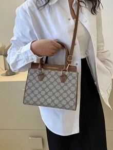 時尚、簡約、休閒、幾何圖案正方形雙手提包,適合高貴女性 - 咖啡棕 - 查看 2