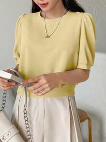DAZY Solid Puff Sleeve Round Neck Blouse