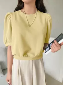 DAZY Solid Puff Sleeve Round Neck Blouse