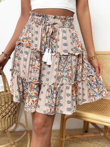 SHEIN Holidaya Váy nữ viền lá sen mép Quần paper-bag Bộ lạc Boho - Màu be - Xem 3
