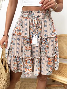 SHEIN Holidaya Váy nữ viền lá sen mép Quần paper-bag Bộ lạc Boho - Màu be - Xem 4