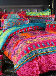 3pcs/set Geometric Graphic Duvet Cover Set Without Filler, Boho Polyester Geometric & Flower Pattern Duvet Cover Set (1pc Comforter Cover & 2pcs Pillowcase) For Bedroom - Multicolor - View 4