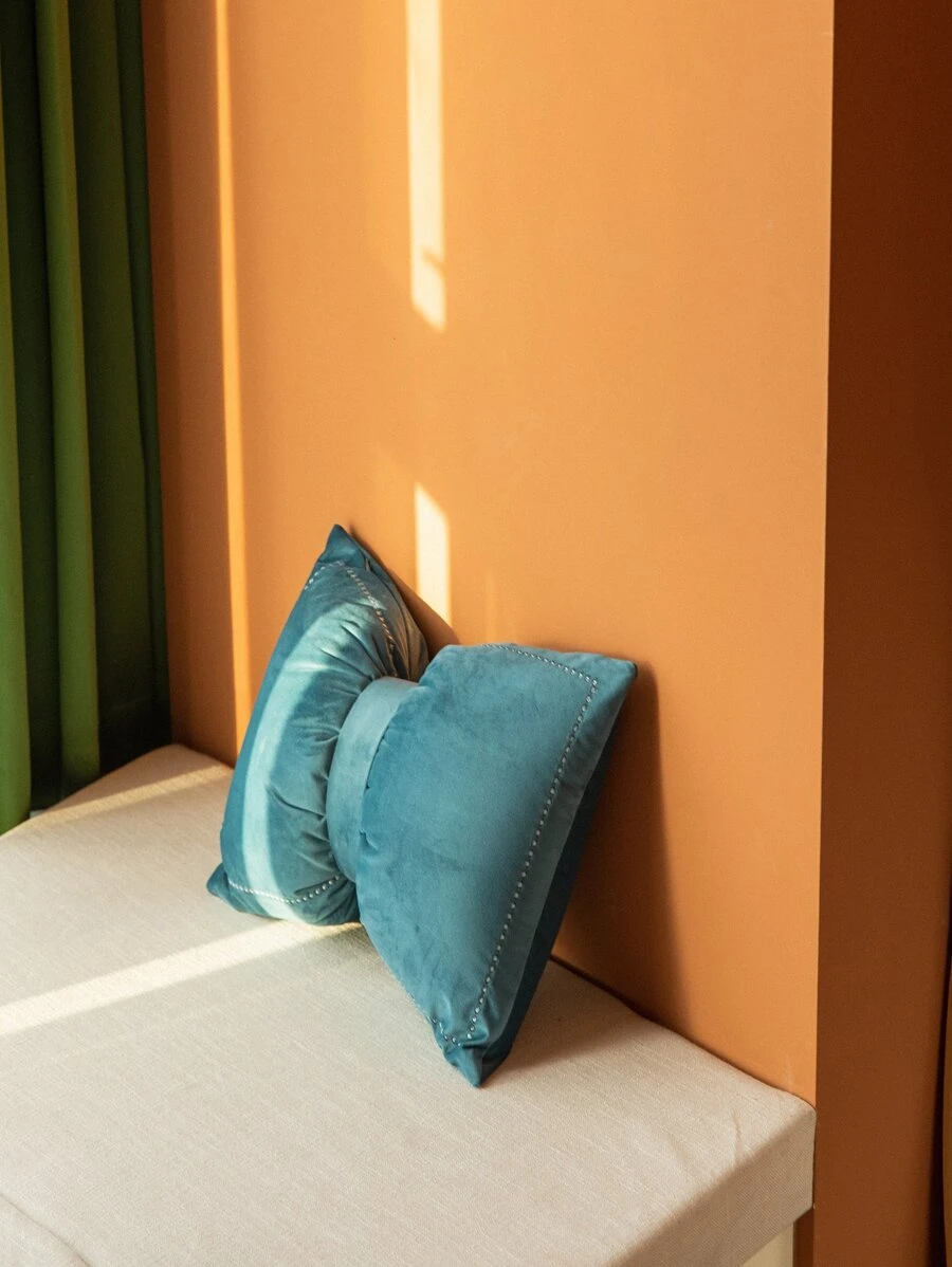 1pc Solid Color Decorative Pillow, Creative Polyester Bow Design Throw Pillow For Home - Blue - View 1