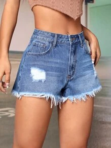 SHEIN EZwear Quần short denim nữ Túi Hem thô Bị tách màu trơn - Rửa nhẹ - Xem 2