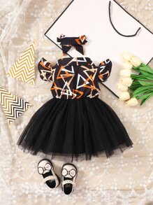 Bebé con estampado geométrico ribete con fruncido bajo con malla Vestido con Accesorio Diadema - Negro - Ver 2