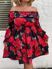 SHEIN LUNE Plus Allover Floral Print Off Shoulder Ruffle Trim Flounce Sleeve Dress - Red - View 7