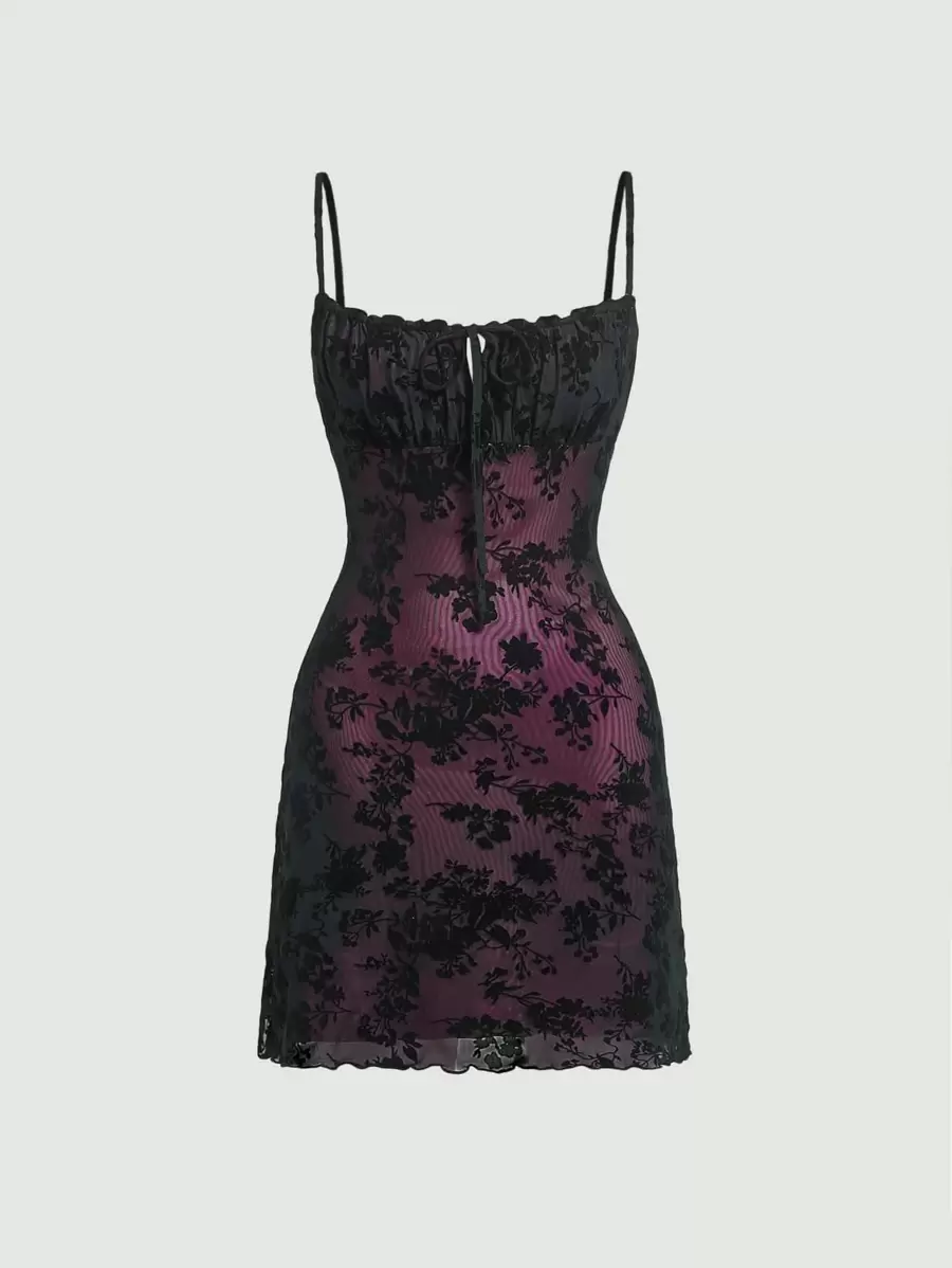 SHEIN MOD Floral Mesh Tie Front Ruched Bust Cami Dress - Multicolor - View 1