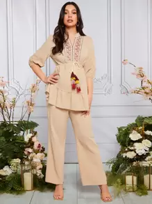 SHEIN Bộ đồ hai mảnh Bà bầu Thêu mép Viên lá sen Bộ lạc Boho - Màu Khaki - Xem 1