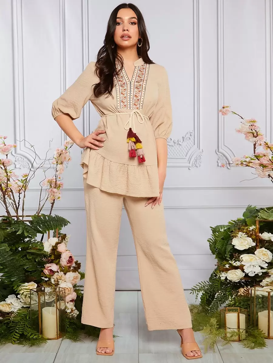 SHEIN Bộ đồ hai mảnh Bà bầu Thêu mép Viên lá sen Bộ lạc Boho - Màu Khaki - Xem 1