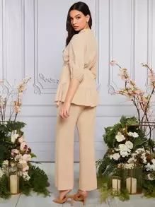 SHEIN Bộ đồ hai mảnh Bà bầu Thêu mép Viên lá sen Bộ lạc Boho - Màu Khaki - Xem 2
