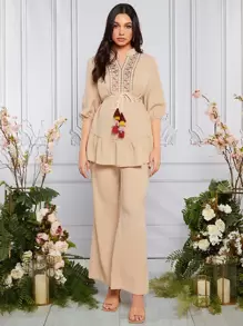 SHEIN Bộ đồ hai mảnh Bà bầu Thêu mép Viên lá sen Bộ lạc Boho - Màu Khaki - Xem 6