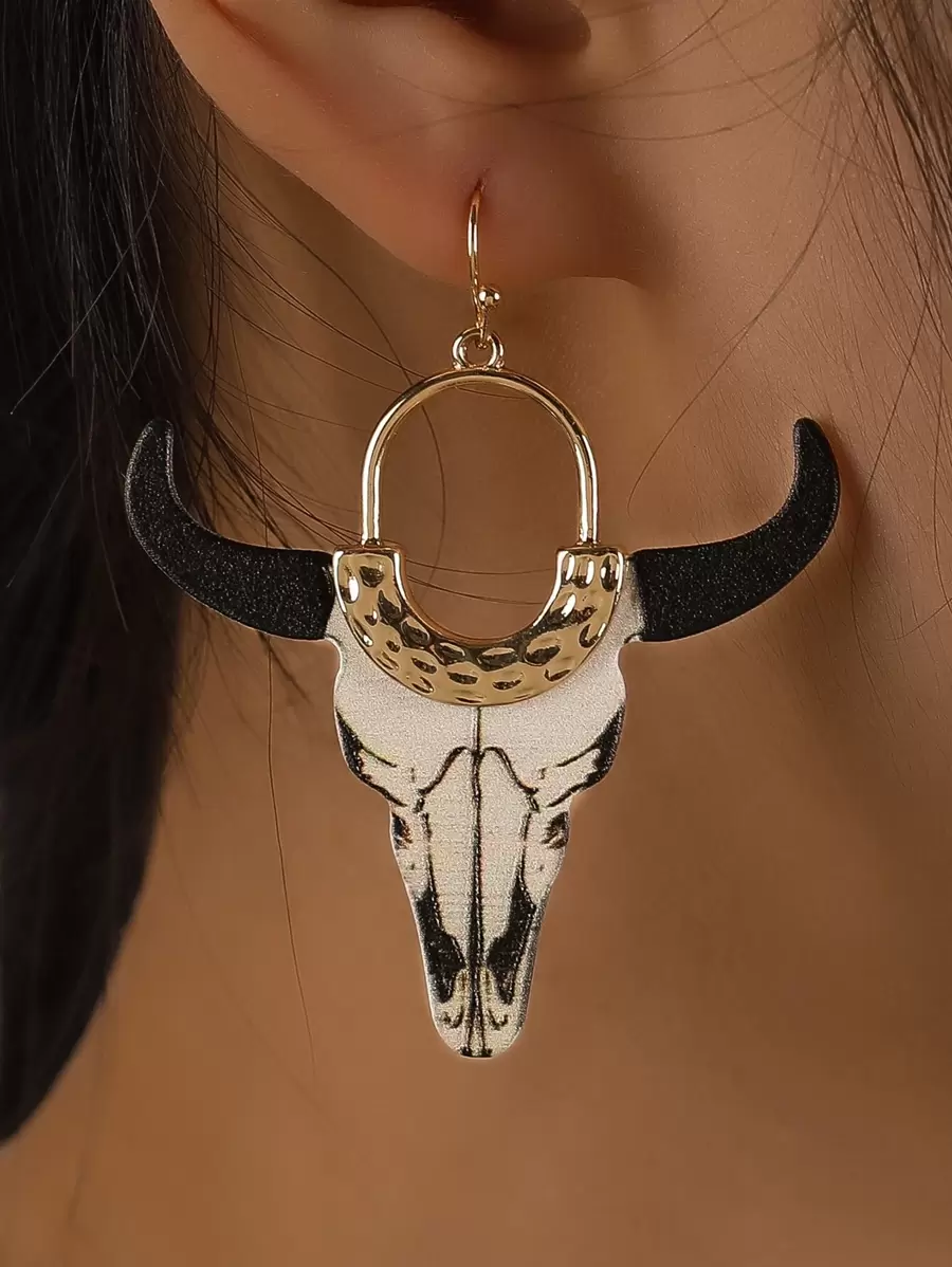 Cattle Head Drop Earrings - Black and White - View 1